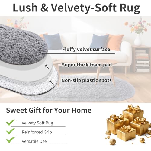 Noahas Fluffy Grey Rugs for Bedroom Living Room,2.6'X5.3' Oval Throw Rug for Kids Room,Shag Hallway Runner Rug,Small Soft Shaggy Bedside Non-Slip Plush Nursery Dorm Carpet Home Decor Aesthetic