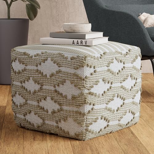 SIMPLIHOME Rowan Pouf - 18 inch Wide Hand Woven Cotton/Jute Square Pouf Ottoman in Natural and White, Footstool for Living Room or Bedroom with Polystyrene Bead Filling, Fully Assembled