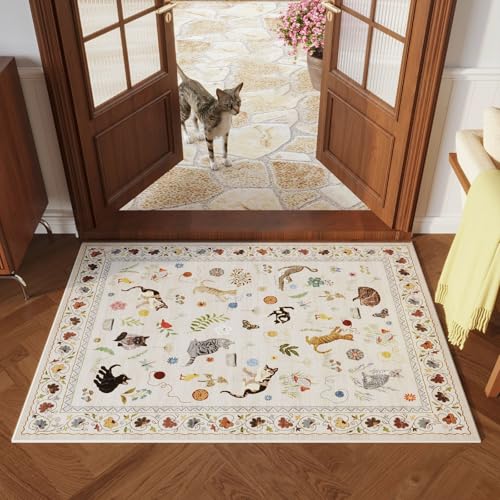 Rugcomf Door Mat Indoor Entrance 2x3 Rug Machine Washable Boho Floral Animal Cat Small Area Rug Non-Slip Low Pile Throw Rugs for Entryway Kitchen Front Door Indoor Entrance Entry Kids Room, Beige