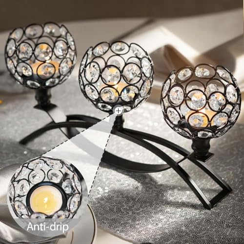 Crystal Tealight Candle Holder Centerpiece Home Decorative Candlestick Holder Elegant Table Centerpiece Home Decor Wedding Party Anniversary (Black, 3 Arm)