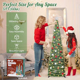 5 FT Pop Up Christmas Tree with Timer Lights and Decorations, Green Tinsel Artificial Christmas Tree with 24 Balls Ornaments, Collapsible Pencil Tree for Xmas Home Office Party Decor