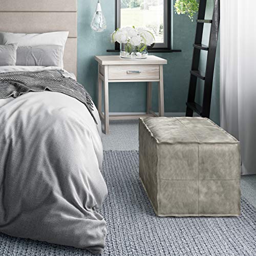 SIMPLIHOME Brody 18" Wide Square Pouf in Distressed Grey Vegan Leather