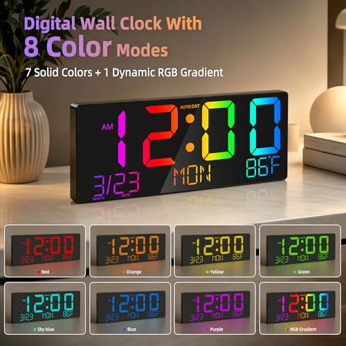 16" Large Digital Wall Clock with RGB LED Jumbo Number, Remote Control, Auto DST, Temperature,Calendar, Modern Wall Mount Digital Clock for Living Room, Classroom, Office Wall, Senior Bedroom