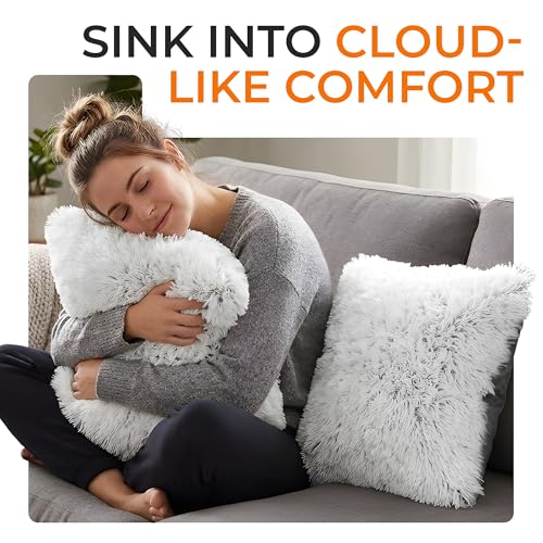 Cheer Collection Throw Pillows for Couch and Bed, Soft Shaggy Throw Pillows with Inserts Included, Cozy Long Hair Faux Fur Pillows - Set of 2-18" x 18" - Gray