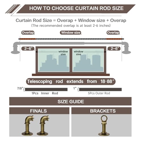 Aged Brass Industrial Curtain Rod for Windows 18 to 88 Inches,1 Inch Adjustable Drapery Pole,Heavy Duty Outdoor/Indoor Modern Curtain Rods,Easy Installation(Aged Brass 18"-88")