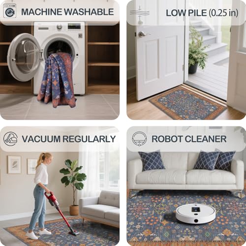 4x6 Area Rug for Bedroom WashableCarpet (Indigo Terracotta)