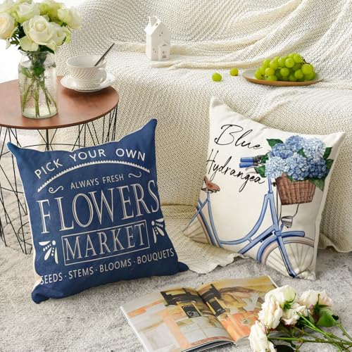AVOIN colorlife Hello Love Blue Hydrangea Bicycle Throw Pillow Covers, 18 x 18 Inch Flowers Summer Spring Mother's Day Cushion Case for Sofa Couch Set of 4
