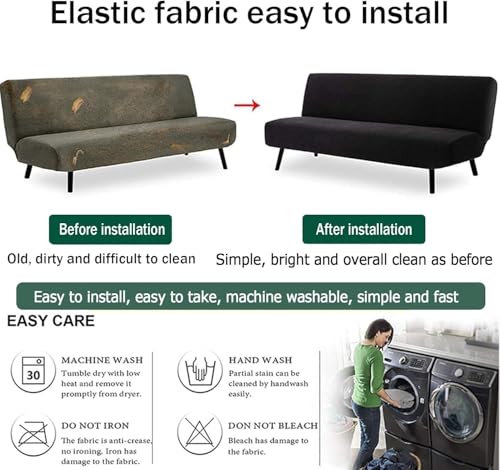 Stretch Futon Cover Full Queen Size Soft Small Check Jacquard Armless Sofa Bed Slipcover Washable Couch Cover with Non-Slip Elastic Bottom Furniture Protector Kids Pets(K,Medium:160-190cm)