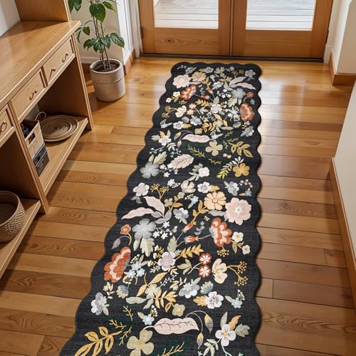 2x8ft Scalloped Hallway Runner Rug – Non-Slip Washable Boho Floral Carpet Runner for Kitchen, Bathroom, Bedroom & Entryway – Soft Low-Pile Thin Rug with Rubber Backing (Black, 2x8)