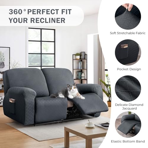 vctops Diamond Recliner Loveseat Slipcover 6-Pieces Stretch Dual Recliner Sofa Covers for 2 Seat Dual Reclining Loveseat Couch Soft Solid Furniture Protector (Grey,2 Seat)