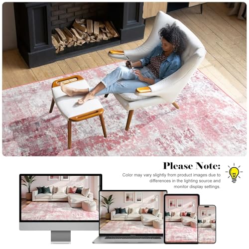 Macgace Washable Abstract Runner Rug, 2x6 Modern Area Rugs with Non-Slip Rubber Backed for Kitchen, Thin but Soft Contemporary Carpet Bedroom Entryway Hallway Decor, Pink