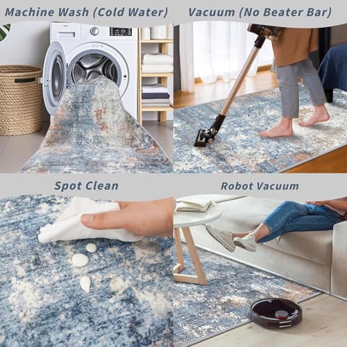 Square Rug 3x3 for Entryway Washable – Non-Slip Small Throw 3ft Area Rug for Kitchen Bathroom – Modern Neutral Abstract Soft Low-Pile Indoor Carpet (Blue Rust, 3ft)