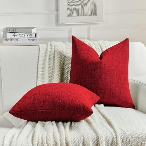 Pack of 2 Faux Linen Throw Pillow Covers 18x18 Inch,Red