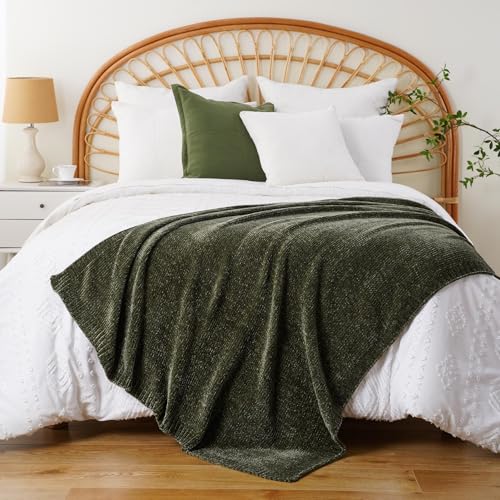 BATTILO HOME Olive Green Chenille Throw Blanket for Couch, Cozy Knit Throw Blanket for Bed Sofa Outdoor, Super Soft Warm Green Blankets Chenille Blankets for Home Decor, 51"x67"