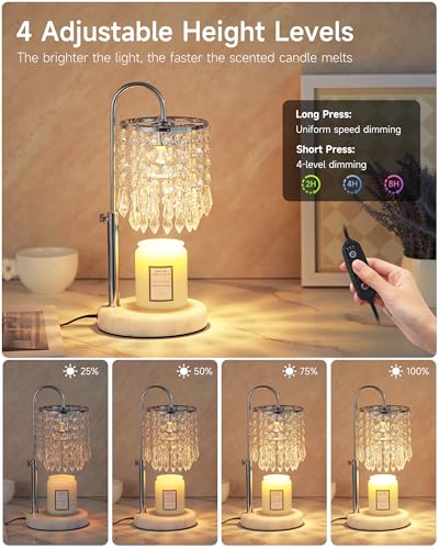 Candle Warmer Lamp with Timer Dimmer and 3 Bulbs, Candle Lamp Warmer with Marble Base for Adjustable Height, Crystal Candle Lamp for Jar Candles, House Warming Gifts Home Room Decor, Silver