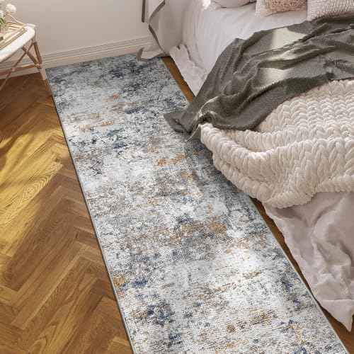 Washable 2x8 Runner Rug, Blue Rust Abstract Non-Slip for Hallway, Kitchen