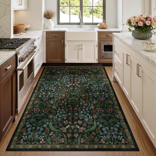 4x6 Washable Area Rug Green Boho Floral for Bedroom Entryway Office Porch