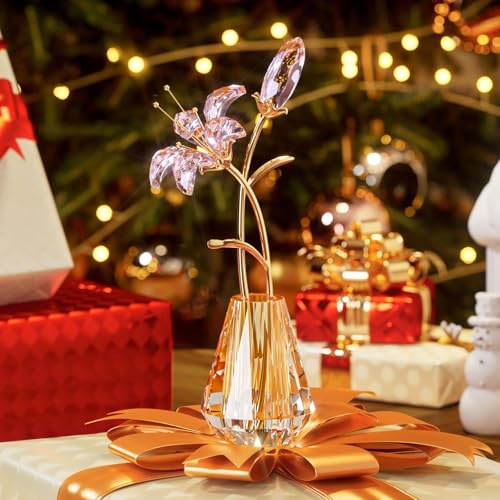 YWHL Crystal Lily Flower Figurine with Vase, Handmade Pink Glass Lily Flower Gifts for Woman, Wedding Gifts for Couple, Home Party Decorations (Pink)
