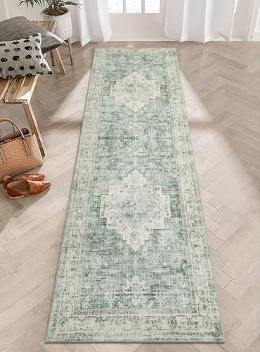 LIVEBOX Washable 2.5x8 Runner Rugs for Entryway Bathroom, Boho Kitchen Floor Mats Long Rug Runners for Hallways Non Slip, Farmhouse Low-Pile Carpet Runners for Laundry Room, Sage Green