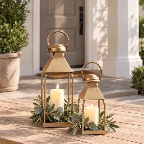 Antique Gold Decorative Metal Lanterns Indoor Outdoor Set of 2