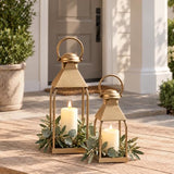 Antique Gold Decorative Metal Lanterns Indoor Outdoor Set of 2