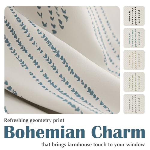 100% Boho Blackout Curtains 84 Inches Long for Bedroom, Blue on Beige Patterned Bohemian Curtains for Living Room, Geometric Striped Thermal Insulated Window Drapes Grommet Top 2 Panels