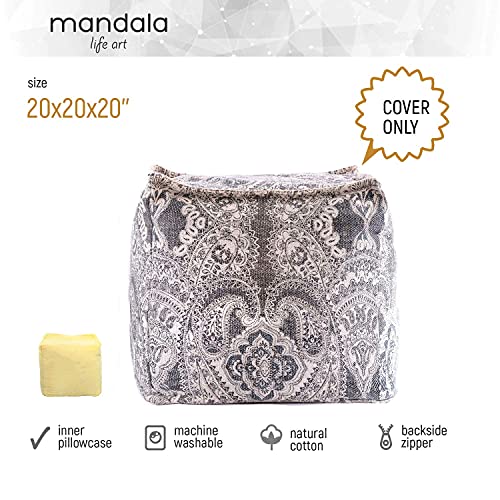 Mandala Life Art Pouf Ottoman - 20x20x20" - Foot Rest Stool - Gray Cube