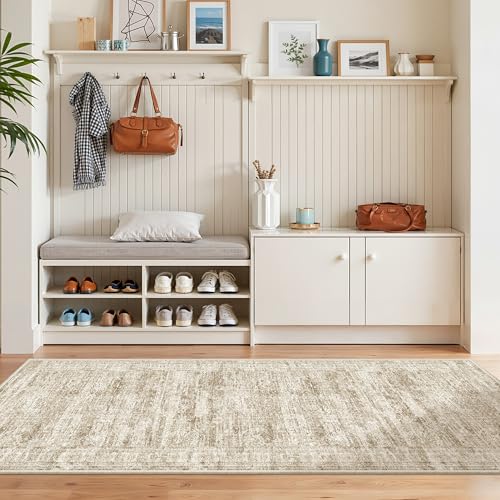 Washable Runner Rugs for Bedroom - 2x6 Runner Rug Non Slip, Ultra-Thin Entryway Runner, Soft Abstract Kitchen Runner for Hallway, Laundry, Bathroom, Indoor Door Mat(2'x6', Brown/Ivory)