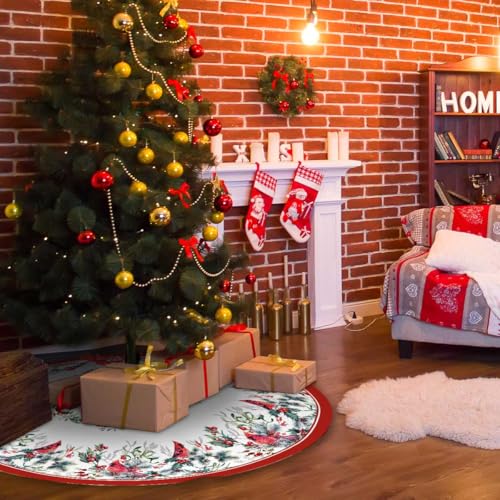 Christmas Tree Skirt 48Inches Winter Cardinal Birds Xmas Tree Skirt, Red Poinsettia Floral Holly Leaves Christmas Tree Mat for Home Party Holiday Indoor Outdoor Decorations (Red, 48in)