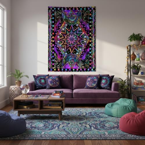 Blacklight Sun and Moon Tapestry Glow in The Dark Neon Hippie Bohemian Tapestries for Bedroom Aesthetic UV Reactive Purple Celestial Tie Dye Tapestry Wall Hanging for Living Room Dorm (40'' × 30'')