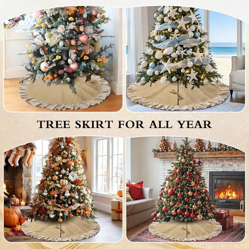 Spring Summer Burlap Tree Skirt with Ruffle Border, 48 inch Linen Rustic Farmhouse Tree Decorations Ornaments for All Season Thanksgiving Christmas Holiday Party Decor