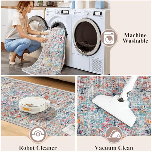Pauwer Hallway Runner Rug 2'x6' Washable Boho Farmhouse Entryway Kitchen Runner Vintage Non Slip Laundry Room Bathroom Area Rugs Rubber Backed Front Door Foyer Bedroom Floor Mat Carpet Runner, Grey