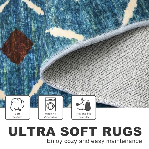 Washable Runner Rug 2x7 ft Hallway Runners Non Slip, Teal/Blue
