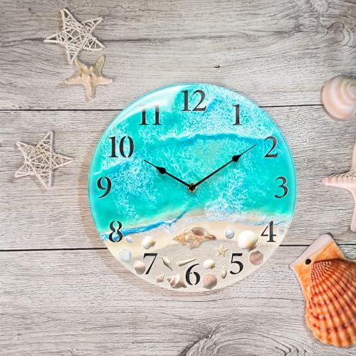 Coastal Nautical Glass Wall Clock with Seashell Design and Aesthetic Beach Theme - Battery Operated Silent Wall Decor for Home, Kitchen, Living Room, Office, Bedroom, or Bathroom (14 Inch,Teal)