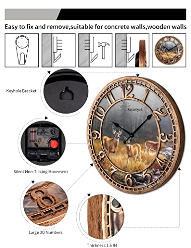 WANGIRO Round Wall Clock Farmhouse Plastic Deer Clock Battery Operated Silent Non-Ticking Rustic Clock 12 Inch for Home Kitchen Living Room Bedroom Office Decor (Antique Copper)