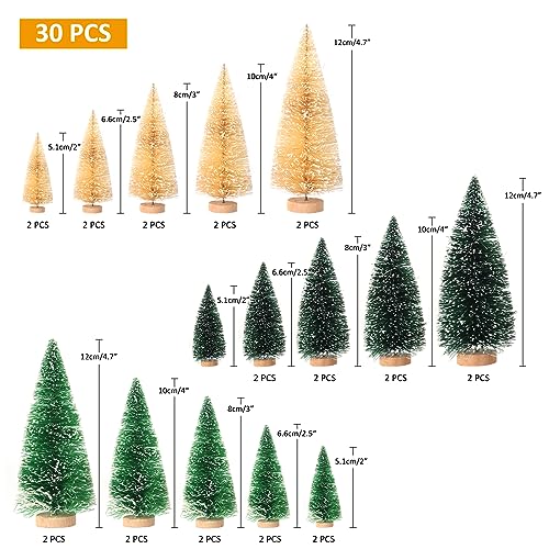 30Pcs Mini Christmas Trees - Artificial Christmas Tree Bottle Brush Trees with 5 Sizes, Snow Trees with Wooden Base for Christmas Party Home Table Craft Decor (GrassGreen+Green+White)
