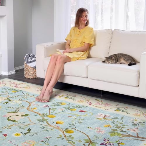jinchan 3x8 Washable Hallway Runner Rug, Chinoiserie Floral, Blue/Pink