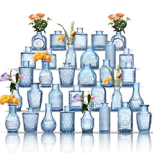 Glass Bud Vases Set of 32 - Blue Assorted Small Mini Glass Vases for Flowers, Crystal Vintage Vase Set, Bulk Centerpieces for Table Décor, Wedding, Home and Events (Blue, 32 Pcs)