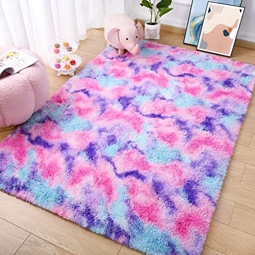 AROGAN Soft Rainbow Area Rugs for Girls Room 3x5 Feet, Fluffy Cute Colorful Princess Carpet for Kids Teens Nursery Toddler,Bedroom Hot Pink