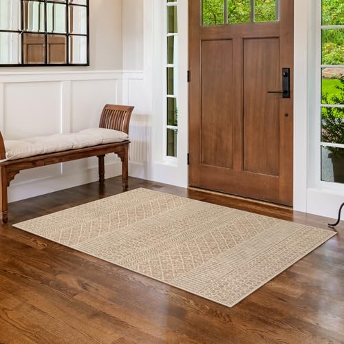 Lahome Farmhouse Washable 3x5 Entryway Rug, Non-Slip, Beige/Brown