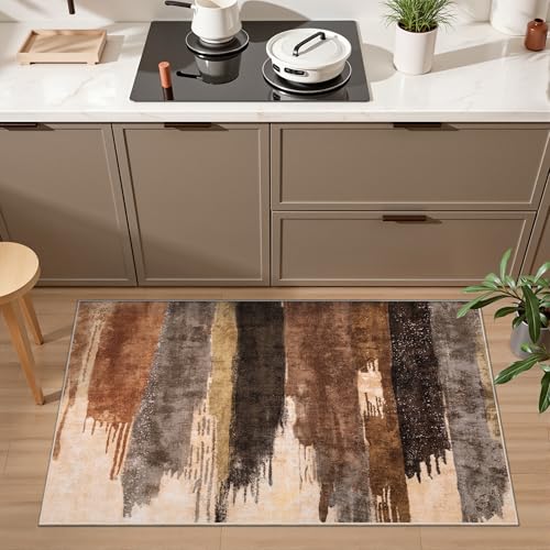 Washable Area Rug 2x3 Entryway Rug, Modern Abstract Entry Mat Brown