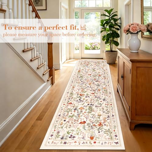 nesrt Fantasy Mushroom Runner Rugs for Hallway 3x10ft Non Slip, Washable Jungle Animal Print Doorway Rug Runner Low Pile, Forest Floor Carpet for Entry Kitchen Laundry Room Decor (Beige)