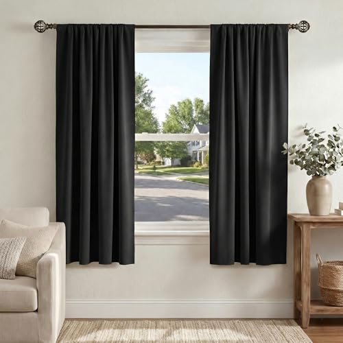 PONY DANCE Black Out Curtains 72 inch Long - Blackout Solid Rod Pocket Thermal Insulated Panels for Bedroom Living Room, Energy Efficient Window Drapes, 42-inch by 72-inch, Black, 2 Pieces