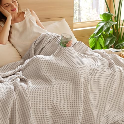 Bedsure 100% Cotton Throw Blanket for Summer, Ultra Soft Waffle Weave Linen Blanket for Couch Sofa Chair Bed, Thin Lightweight Breathable Bedding Gifts for Women, Men, Teens, Kids, 50"x70"