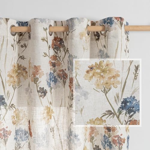 MYSKY HOME Floral Linen Curtains 84 inch Length 2 Panels Set Summer Flower Patterned Semi Sheer Light Filtering Privacy Farmhouse Grommet Drapes for Living/Dining Room, Yellow, W52 x L84, Pack-2