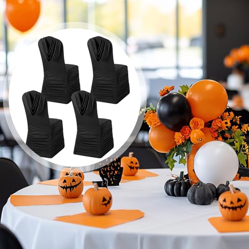 Fanfanwin 4 Pcs Black Chair Covers Ruched Swag Back Stretch Spandex Fitted Banquet Chair Covers with Foot Pockets for Wedding & Event Decor