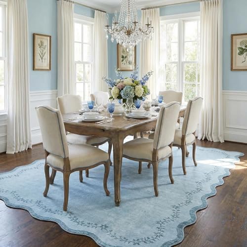 GarveeHome 5x7 Scalloped Area Rug Blue Washable Bedroom Living Room Rug
