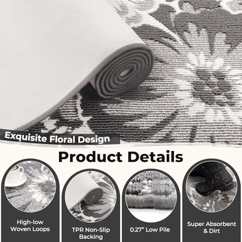 Findosom Hallway Runner Rug 2x6, Non Slip High-Low Textured Floral Washable Runner Rug with Rubber Backing, Boho Carpet Runner for Kitchen, Entryway, Bedroom, Laundry, Gray