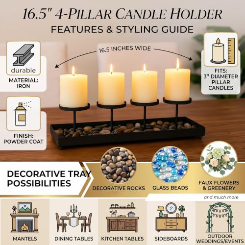 Black Iron 4-Pillar Candelabra – Elegant Tabletop Candle Holder Centerpiece for Weddings, Dining, Parties & Home Decor