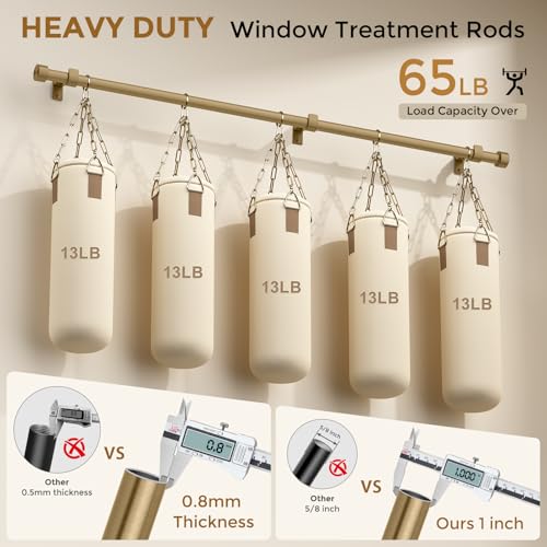 Brass Gold Curtain Rod 34-124 Inch, Brushed Warm Gold 1” Adjustable Long Heavy Duty Curtain Rods for Windows, Decorative Antique Bronze Window Treatment Rods with Modern Solid Aluminum Finial